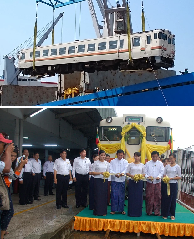 【上】国鉄・JR東海で40年近く活躍したキハ40 系。つい最近まで使用されていたので状態は良く、現地でも大いに活躍してくれることだろう【下】キハ40系デビュー記念式典。国際支援スタッフとして現地で働く元国鉄職員がいるので、日本の中古車両の手入れはスムーズだという