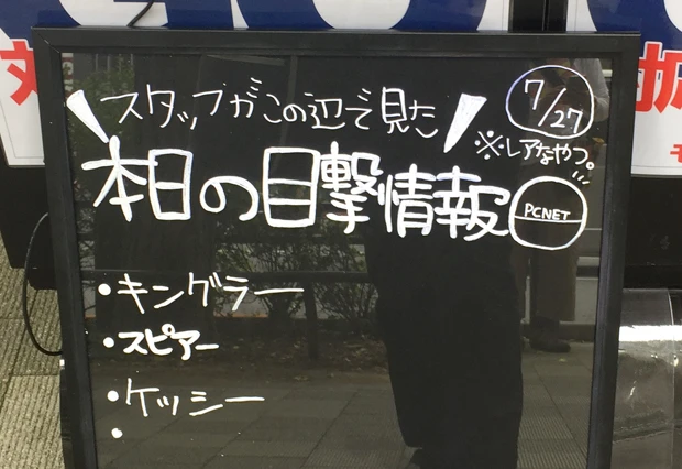 レアなモンスターの目撃情報を告知する電気店も。これを見て集まってきた客にバッテリーを買わせるとは商魂たくましい
