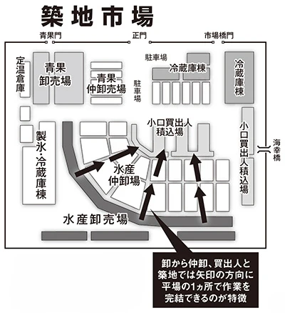 平場の築地市場は商品がスムーズに流れるよう極めて機能的にレイアウトされている。しかし移転先の豊洲市場は最大5階まである立体構造の上、卸と中卸、それに青果が道路で寸断される。市場としては極めて使い勝手が悪い。