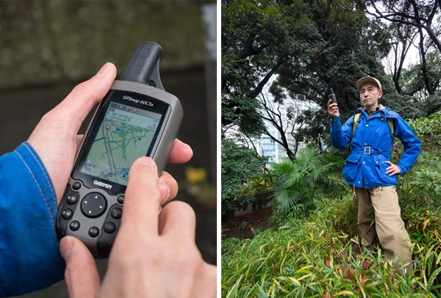 緯度、経度ばかりか高度、到達日時が記録できるGPS。現代の探検家は現場に探検旗を立てるがごとく、GPS受信機のボタンを押すのだ