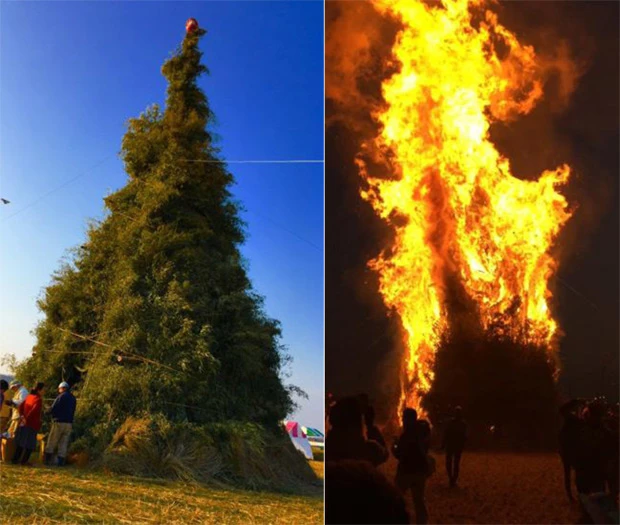 どんど焼きが着火されるとあっという間に火柱となり、崩れた後に「まゆ玉」を焼き始める