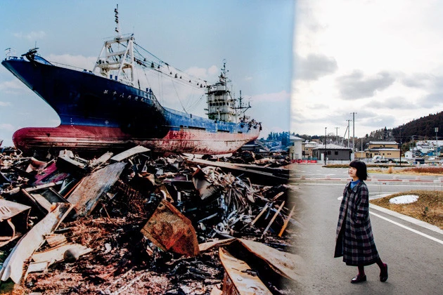 宮城県気仙沼市鹿折(ししおり)地区 2011年3月18日-2019年2月15日。津波で陸に乗り上げた第18共徳丸は気仙沼の被災のシンボルだった。その場所は今、バスターミナルになっている。鹿折地区は津波の後に火事が起こり、流されなかった家屋の多くも焼けてしまった。