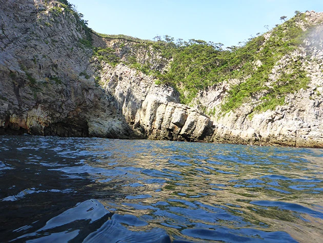 式根島の御釜湾。海上からはわからないが、この海底に酸性化が進んだ100年後の海がある
