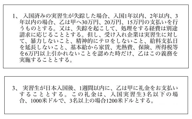ある送り出し機関と監理団体の間で交わされた「覚書」。上は来日後に実習生が失踪した際の賠償金。下は実習生を採用した際の「礼金」、つまりキックバックに関する取り決めだ