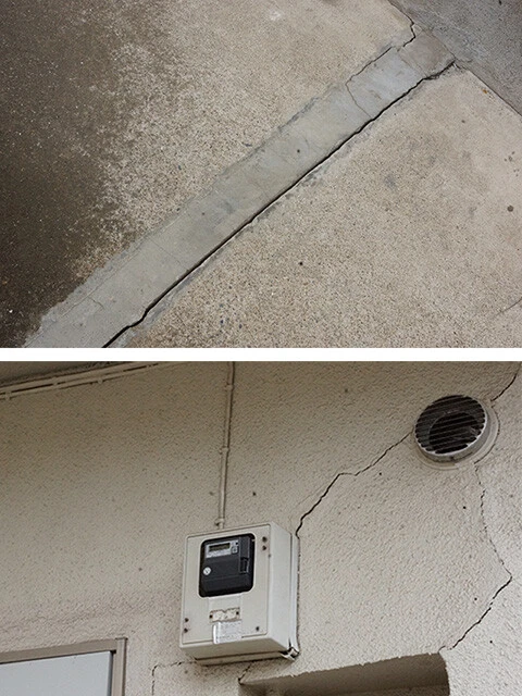 アパートやその周辺で発見された亀裂