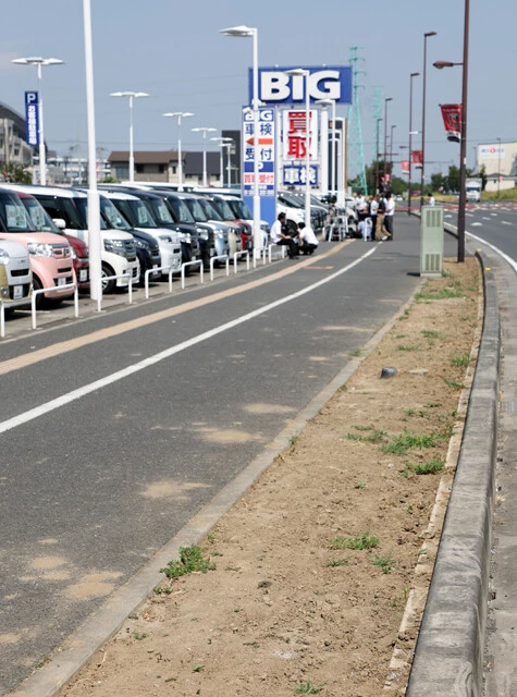 ビッグモーターの店舗の前だけ、なぜか街路樹がない。斉藤鉄夫国交相は「枯死が確認された箇所は原因を調査し、除草剤などが確認されれば被害届を出し、損害賠償を請求する」とした
