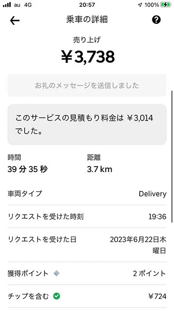 普段は1回300円ほどしかもらえないのに、2配達で2700円+クエストボーナス、さらにはチップも!