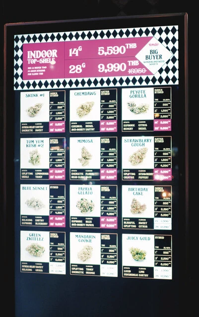 大麻ショップのメニュー表。覚醒作用がある大麻の成分「THC」が何％含まれているかが表記されており、この数値が高いほどよくキマる。値段は1gにつき約2400～4000円