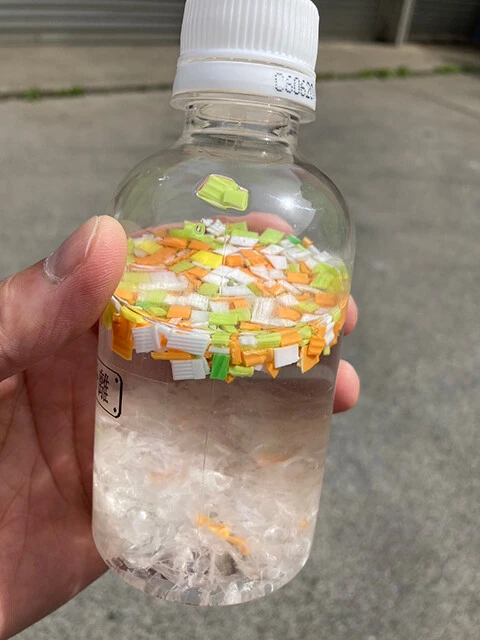 浮いているのがリングで、沈んでいるのがペットボトルです