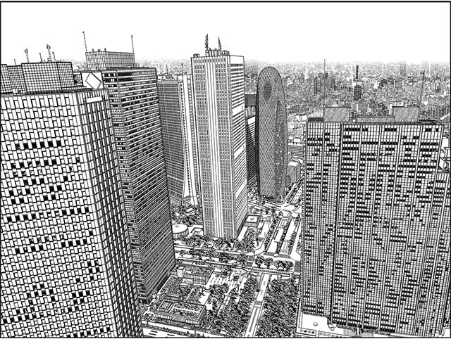 『いらすと本舗』の中でも特にダウンロード数が多いという「新宿副都心高層ビル」の背景画