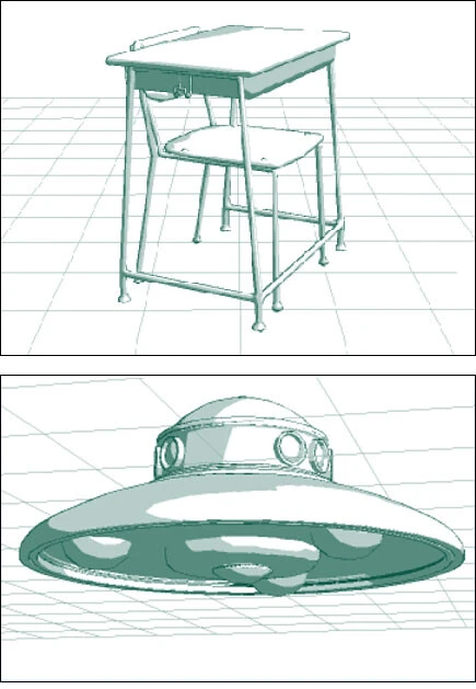 『いらすと本舗』は、センター生が作った3Dモデリング素材も提供している。「机と椅子」(上)といった身近なものから「アダムスキー型UFO」(下)といった意外なものまで、種類が豊富だ