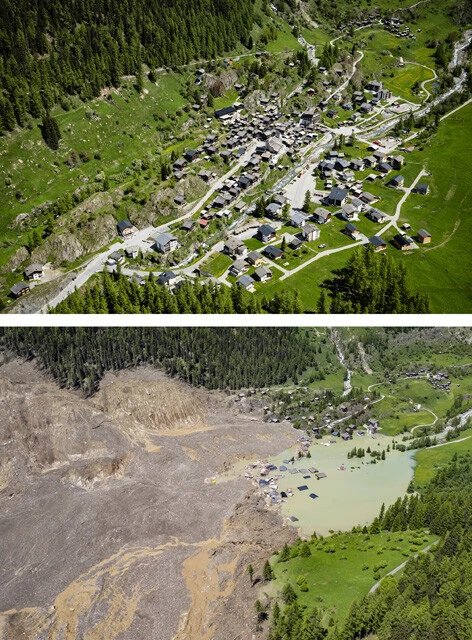 (上)5月23日のブラッテン村。(下)同29日の様子。氷河の崩壊で発生した大規模な地滑りにのみ込まれた