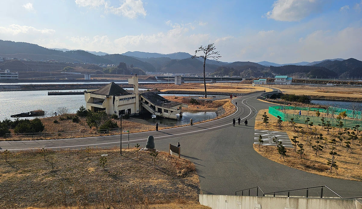 「奇跡の一本松」とそれを守ったホテルの遺構を見物する観光客。周囲は更地も多かった