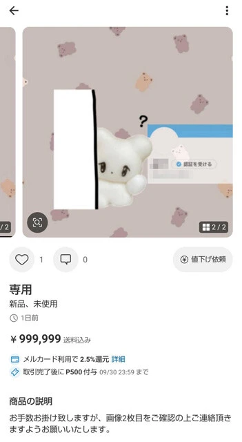 AIによる検閲に引っかからないよう、Xのアカウントが小さく表示されている。Xでやりとりして取引が成立した人に「専用出品」で購入してもらい、運営サイドに商品の中身を悟らせないようにする手法だ