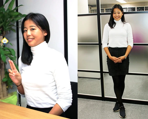  取材前にちらっとカメラ目線を送る坂口。選手が「すごく楽しそう」な試合を観て、ビーチバレーを始めたが、夏は砂が熱く、冬は海風が冷たいので「もっと快適にできるものだと思ってた」と笑う