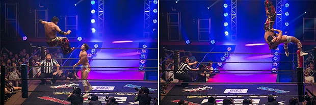 (左)195cm 140kgの巨体をすばやく動かしコーナーからドロップキックをお見舞いする石川。(右)21歳の現役大学生ながら将来が期待される闘いを見せた竹下