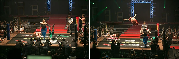 アンダーマッチとして東京女子プロレスも登場。（左）中島翔子とハイパーミサヲを吹っ飛ばすミウラアカネ。（右）華麗な空中殺法を見せる坂崎ユカ