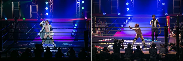 （左）平田一喜の入場シーン。（右）焼き鳥と闘う平田