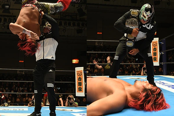 2017年1月5日、メキシコにいるはずのドラゴン・リーがリングに現れ髙橋ヒロムを急襲! タイトルマッチを要求した。 (C)新日本プロレス