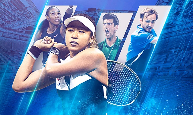 大坂なおみ、Ｓ・ウイリアムズ、ジョコビッチ、メドベージェフ（Getty Images）、スタジアム（写真：AP/アフロ）