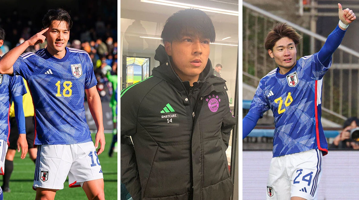 パリ五輪を目指すU-22日本代表に佐藤(左)、福田(右)ら「非Jリーグ経由」勢が続々選出! 福井(中央)は強豪バイエルン・ミュンヘンのトップチームでデビュー済み!