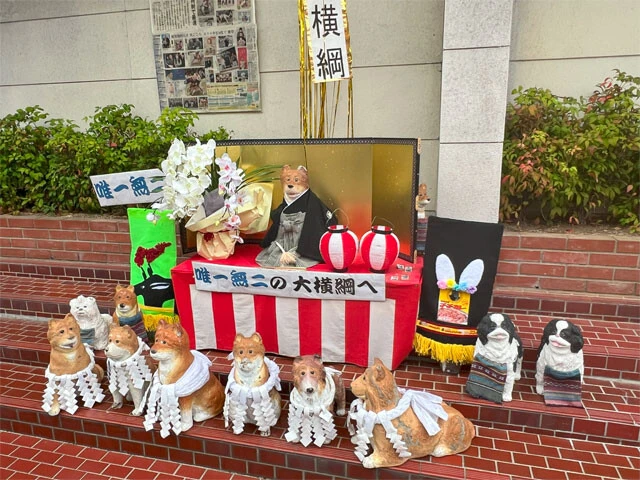 津幡町では洪水の救世主として至る所で犬が祭られている。商店街にはタイムリーに横綱昇進伝達式を模したものも