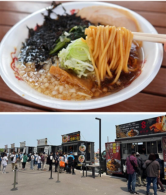 日本ハムの本拠地・エスコンフィールドは球場外めしも規格外。球場内の「七つ星横丁」を抜けると広大なテラスにラーメン有名店のキッチンカーが並ぶ!