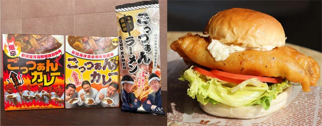 能水商店では、相撲部が開発に携わったごっつぁんシリーズ商品（左）が人気だ。横綱昇進セール時には限定の横綱あんこうバーガー（右）も販売された