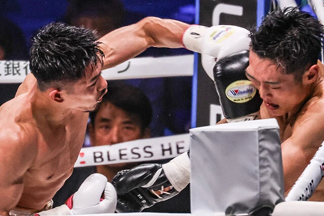 2025年6月8日のWBC・IBF世界バンタム級王座統一戦で、西田凌佑に猛攻を仕掛けた中谷。距離を取る普段のアウトボクシングとは違う、意外性のある攻撃的な闘いを見せた