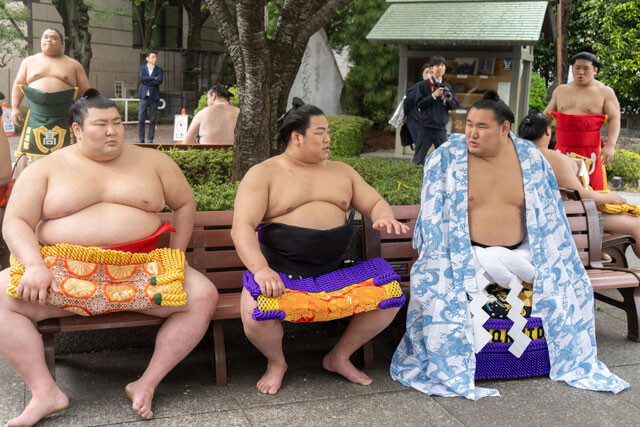 平戸海関（中央）、豊昇龍関（右）と同じベンチに座り談笑していた熱海富士関（左）
