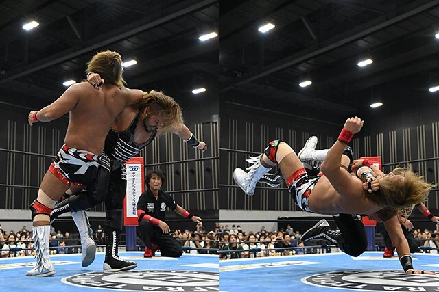 EVILの必殺技は柔道の「大外刈り」の変形型。圧倒的なスピードとパワーで相手の後頭部をリングに叩きつける豪快な技だ©新日本プロレス