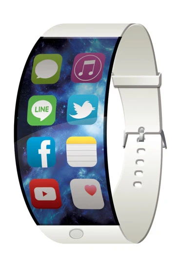 白基調で縦長の液晶を搭載するiWatchもサプライズ発表。ベゼルが細く、液晶は腕に巻いても自然な感じで湾曲している。アイコンは2列で表示。ベルトはゴム製。ヘルスキットとの連携で活動量計になる以外、将来的にはホームキットと連携。家の鍵などにも!?