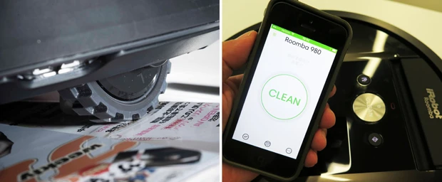 【画像左】週プレ2冊分ぐらいの段差なら問題なく走破! ふすまや起毛の激しいカーペットの段差など、お部屋の障害物も完全走破です!【画像右】アプリ『iRobot Home』でルンバの予約設定や清掃モードの遠隔操作が可能。各種設定もアプリ内動画で説明してくれるので超簡単!