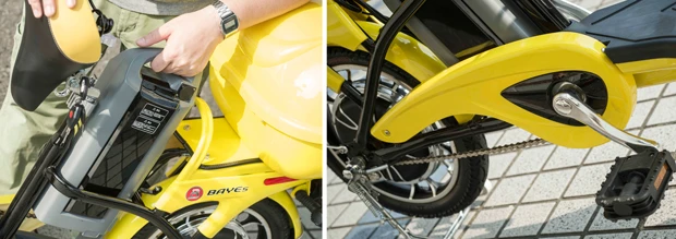 【左】バッテリーは家庭用100Vのコンセントで充電可能。空の状態からフル充電するには、6~7時間ほど。通常は4時間ほどで充電できる【右】ペダルやチェーン回りは自転車とほぼ一緒。自分でペダルをオフロードタイプや折りたたみタイプに変更するなどカスタマイズも楽しめる