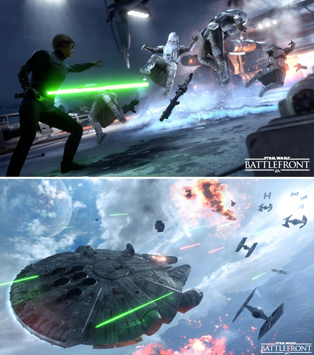 【上】フォースで敵を吹っ飛ばす、ライトセーバーでビームをはじくなど、ジェダイならではの格闘術もゲームに踏襲されている【下】登場人物やマシンだけでなく、BGMも映画のまんま。これは盛り上がらないほうが、どうかしてるかと!