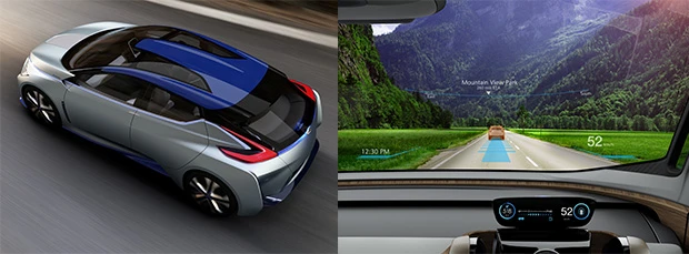 (左)車内が明るいガラスルーフとエコに欠かせない空力処理を融合したデザインもニッサンIDSコンセプトの特徴のひとつ。(右)必要な位置に必要な情報をウインドウ全体に映すヘッドアップディスプレイは、マニュアル運転時の安全確保に有用だ