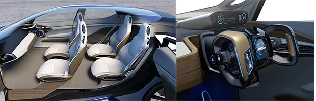 ドライバーが運転するマニュアル運転(MD)モード。飛行機の操縦桿(かん)みたいなハンドル(右写真)は完全電子制御の「ステアbyワイヤ」が前提だが、同種の技術は日産スカイラインで実用化済み!