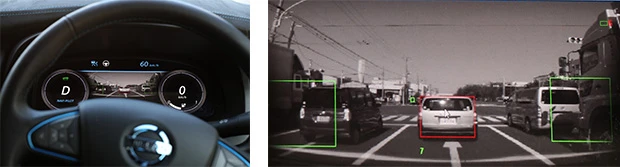 来るべき自動運転車の発売に向けて、運転席のインターフェースも本気で実験中。この実験車では、前方の映像とクルマが認識している情報をリアルタイムで表示する。画面をズームした右写真では、走行中の車線はもちろん、周囲のクルマを認識していることがわかる。歩行者や信号、道路標識などももちろん見る