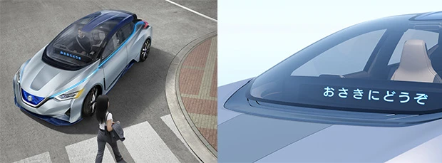 (左)インテンション・インジケーター。「安心してください、見えてますよ」といった意思表示を、ボディに装着したLEDの光でアピール。確かに、自動運転車が何も意思表示をせずに走るのは気持ち悪い。(右)外向きでディスプレイ。主に歩行者に対してメッセージを出す。自動運転車と歩行者の「お見合い」による交通停滞を防ぐという自動運転車のリアルな課題に日産は取り組む