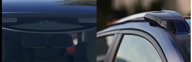 フロントウインドウ(左)、ルーフ、ドアミラー(右)、ノーズ、テールなど8カ所に埋め込まれたCCDカメラ(計12個)。これで周囲360度の車線や標識、信号、クルマや歩行者などを画像認識しながら走る