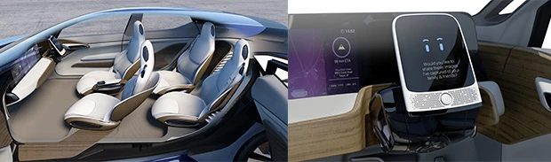 各シートが内側に傾(かたむ)いて、ハンドルもペダルもなくなる完全自動運転(PD【パイロットドライブ】)モード! モニター(右写真)越しに車と友達みたいに対話……と、まるでSF映画だが、日産はマジだ!!