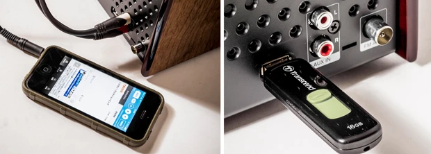 【右】AUX端子に、ラジオアプリ「radiko.jp」の入ったスマホを差しっぱにしてAM放送を楽しむのもアリ!【左】USBは最大32GBまで対応。音データをたっぷり詰め込んで差しっぱにすると作業用BGMがはかどる!
