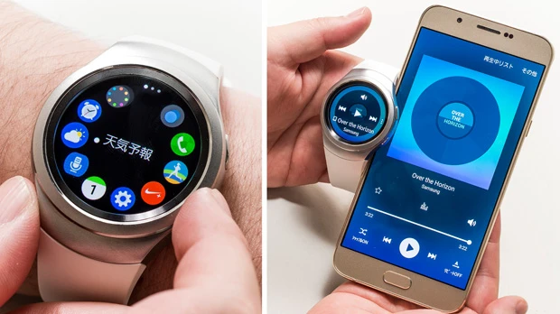 【左】ベゼルを回転させて機能をセレクト、文字や地図の拡大など、画面タッチと併せて、より直感的な操作ができる【右】S2から各種スマホアプリの操作も可能だ。また、スマホ側からS2の設定を変更することもできる