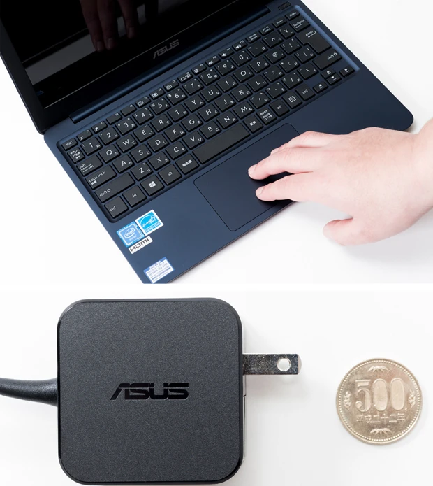 【上】深さ1.8㎜のしっかりしたキータッチで、長文作成でもストレスを感じないキーボード!【下】ACアダプタはコンパクトで超軽量!