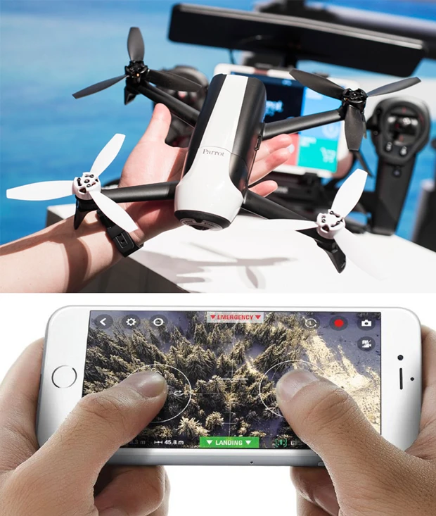 【上】3月1日に国内で発表された最新モデル「Bebop 2」はローターを4枚搭載したクアッドコプター型。フル充電で約25分間の飛行が可能だ 【下】本格的な飛行もスマホで操縦可能。いい意味でハードルの低いところがパロット製品の特長だ