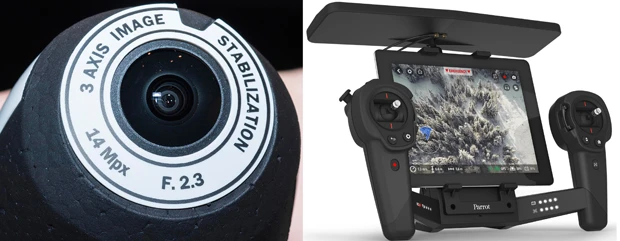 【右】本体のフロント部分に搭載されるカメラは、フルHDに対応した1400万画素の魚眼レンズ仕様。スマホでの操作なら、画面をスライドするだけでカメラの角度を調整でき、幅広い空撮に対応できる。人気のアクションカメラを、そのままドローン装着したイメージで撮影を楽しむことができるはずだ 【左】タブレット端末を装着できるラジコンタイプのコントローラー「Parrot Skycontroller Black Edition」。タブレットをモニターとして使用でき、より本格的な空撮に対応したコントローラーとなっている。こちらと本体のセットは10万2500円(税別)