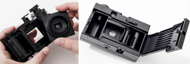 【左】本体、そしてレンズ部分を組み上げたところ。ここまでくるとだいぶカメラっぽい。レンズは２２ｍｍと４５ｍｍの２種類が付属し、組み上げ後にも交換可能だ【右】レンズまわり、シャッター、そして写真の裏蓋など可動部分が多いので、パーツのバリをしっかり削るのが制作のポイント