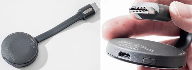 【左】本体裏面。HDMIケーブルは本体に固定されており、TVへの接続時は展開して使用する。PCディスプレイへも接続可能だ【右】本体にはリセットボタンと電源ケーブル用のmicroUSB端子を装備。とりあえず電源をコンセントに差し、HDMIをTVに接続すれば基本的なセットアップは終了