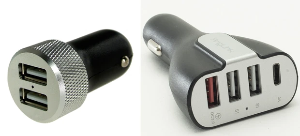 【左】本体はアルミボディで、この手のグッズにありがちなチープ感 は皆無です!【右】ガジェット4台を同時充電でき、しかも急速充電に対応。スペック重視なら、コレ!