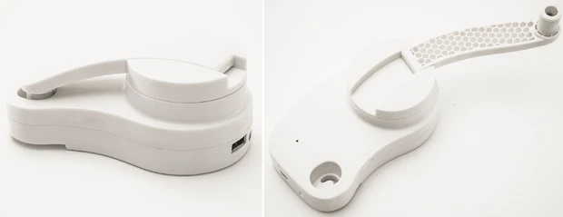 レバーを回転させて内蔵のニッケル水素電池に蓄電する人力すぎる充電器。ニッケル水素電池は1000mAhの放電容量だが、レバーを5分間回転させることで、スマホで約3分の通話時間を充電できる。左画像はレバーをたたんだ状態。レバーの回転は軽く、5分程度なら疲れることもナシ!